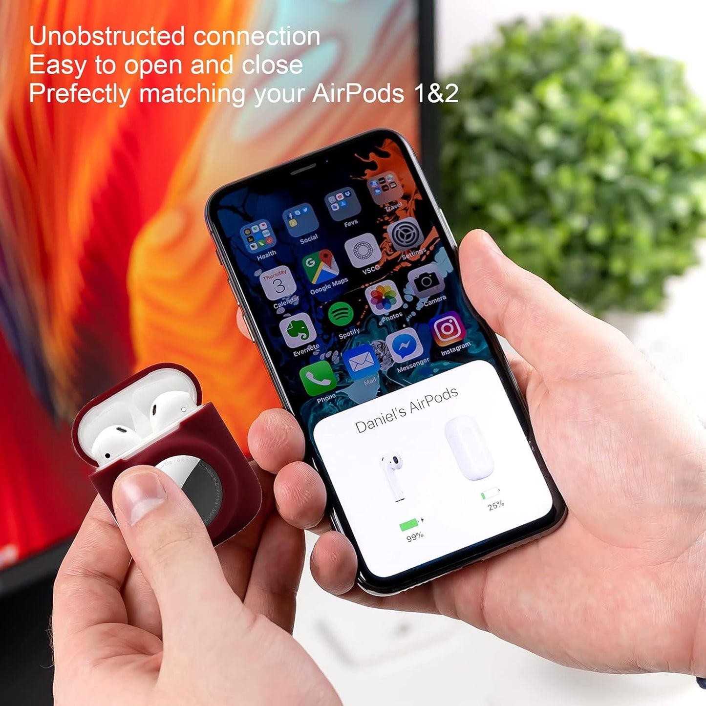 2 in 1 Silicone Protective Skin Cover Compatible with Airpod 1&2 and Airtag, Soft Comprehensive Protective Case with 2 PCS TPU Screen Protector, Anti-Scratch Anti-Fall Anti-Lost(Winered)