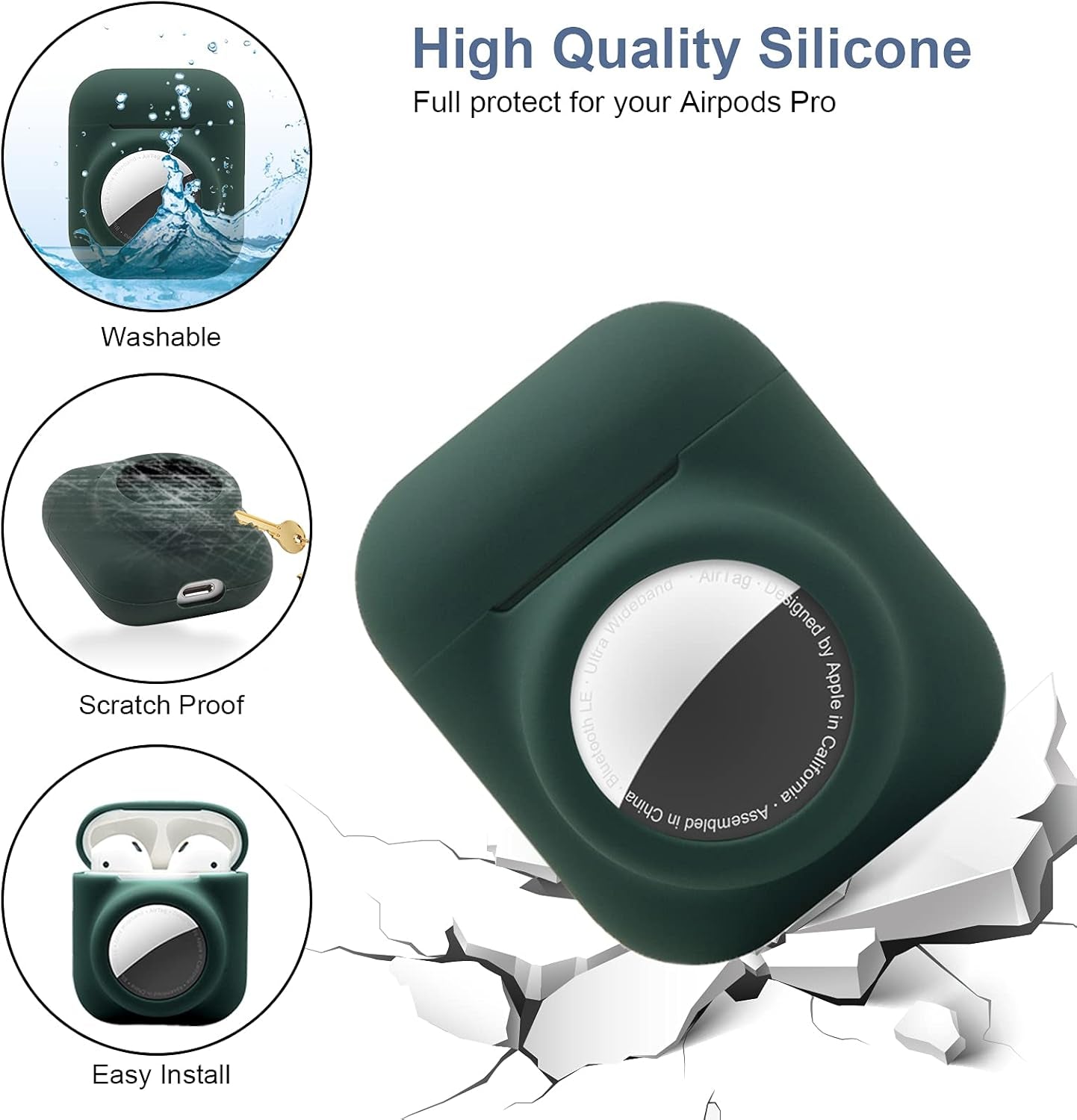 2 in 1 Silicone Protective Skin Cover Compatible with Airpod 1&2 and Airtag, Soft Comprehensive Protective Case with 2 PCS TPU Screen Protector, Anti-Scratch Anti-Fall Anti-Lost(Blackishgreen)