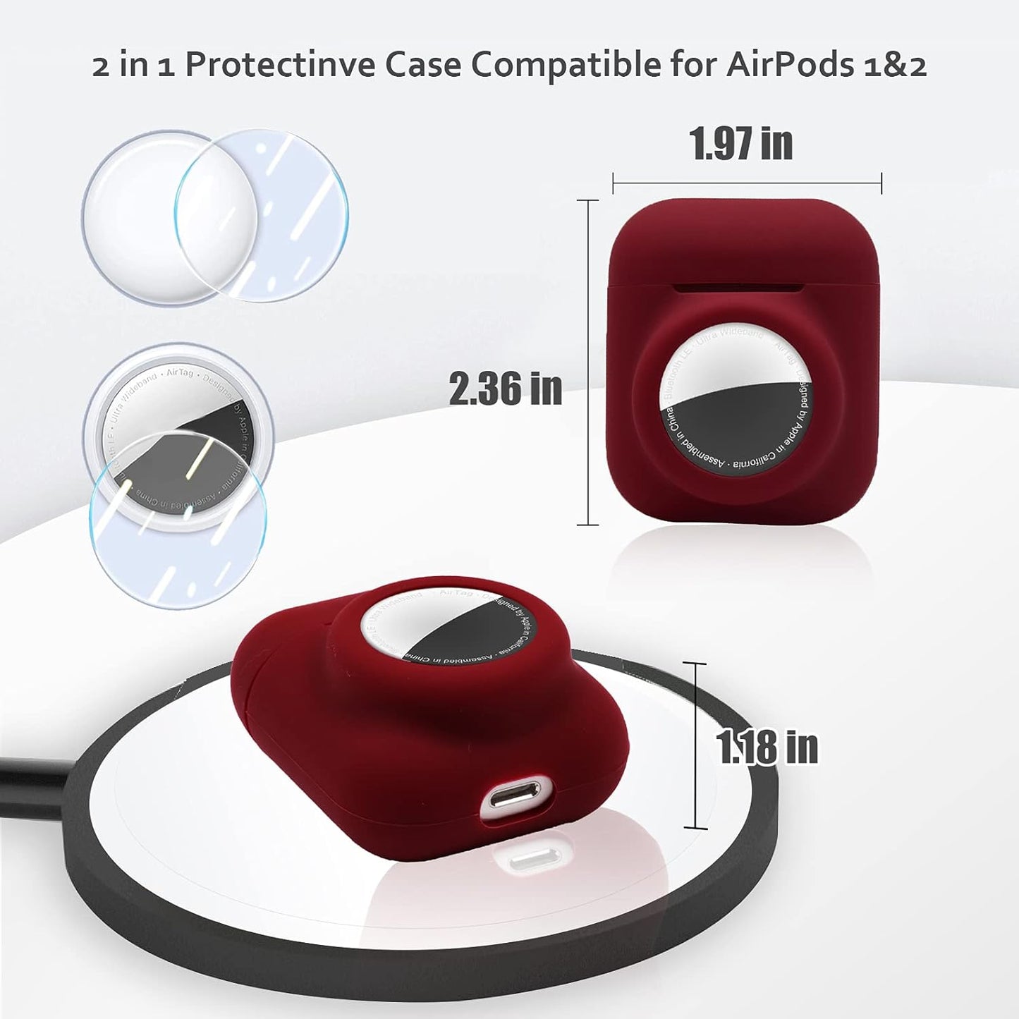 2 in 1 Silicone Protective Skin Cover Compatible with Airpod 1&2 and Airtag, Soft Comprehensive Protective Case with 2 PCS TPU Screen Protector, Anti-Scratch Anti-Fall Anti-Lost(Winered)