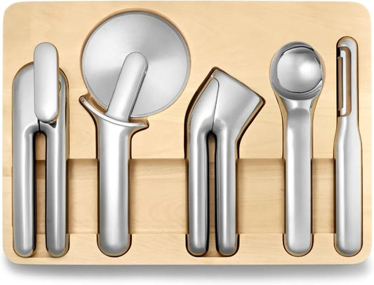 Kitchen Gadget Set - 5 Piece Kitchen Essentials - Stainless Steel - Includes Can Opener, Pizza Cutter, Garlic Press, Ice