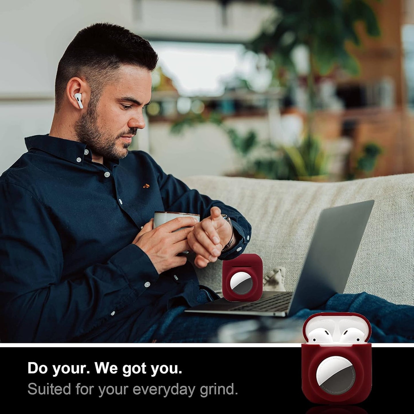 2 in 1 Silicone Protective Skin Cover Compatible with Airpod 1&2 and Airtag, Soft Comprehensive Protective Case with 2 PCS TPU Screen Protector, Anti-Scratch Anti-Fall Anti-Lost(Winered)