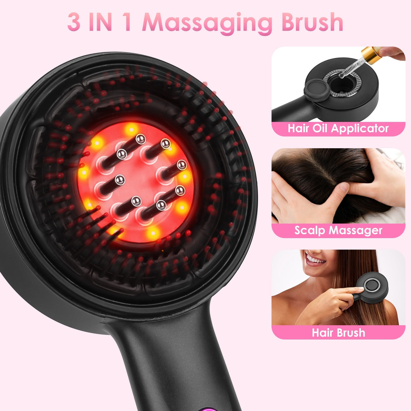 1Set 3 In 1 Red Light Scalp Massager Brush Cordless Hair Oil Applicator Massage Comb With 3 Modes Rechargeable IPX7 Waterproof