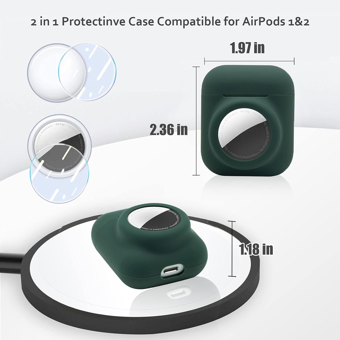 2 in 1 Silicone Protective Skin Cover Compatible with Airpod 1&2 and Airtag, Soft Comprehensive Protective Case with 2 PCS TPU Screen Protector, Anti-Scratch Anti-Fall Anti-Lost(Blackishgreen)
