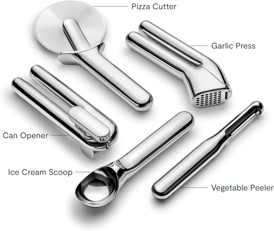 Kitchen Gadget Set - 5 Piece Kitchen Essentials - Stainless Steel - Includes Can Opener, Pizza Cutter, Garlic Press, Ice