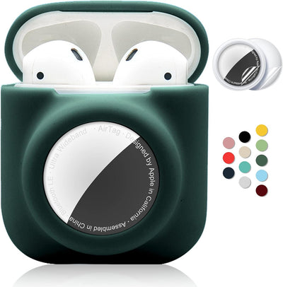 2 in 1 Silicone Protective Skin Cover Compatible with Airpod 1&2 and Airtag, Soft Comprehensive Protective Case with 2 PCS TPU Screen Protector, Anti-Scratch Anti-Fall Anti-Lost(Blackishgreen)