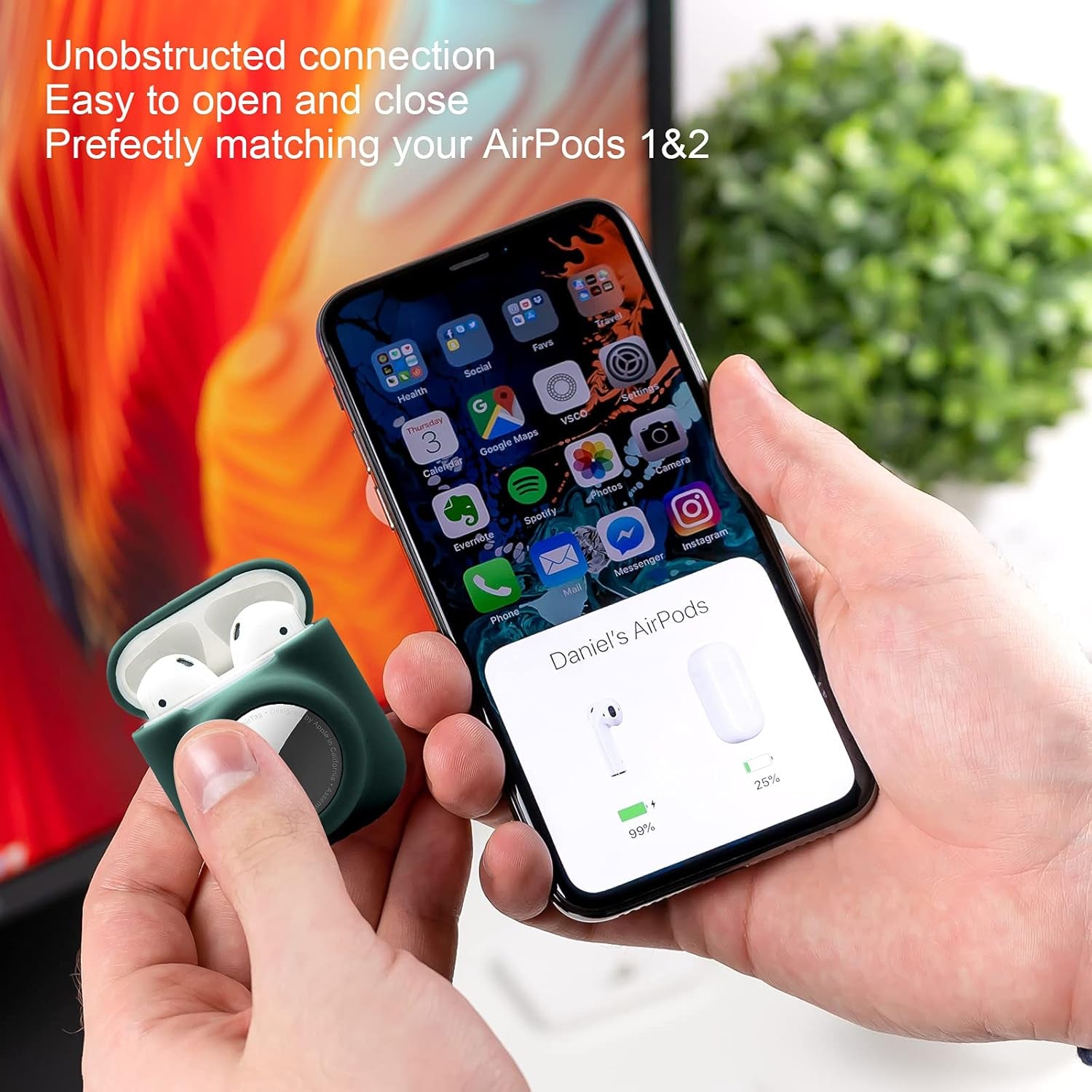 2 in 1 Silicone Protective Skin Cover Compatible with Airpod 1&2 and Airtag, Soft Comprehensive Protective Case with 2 PCS TPU Screen Protector, Anti-Scratch Anti-Fall Anti-Lost(Blackishgreen)