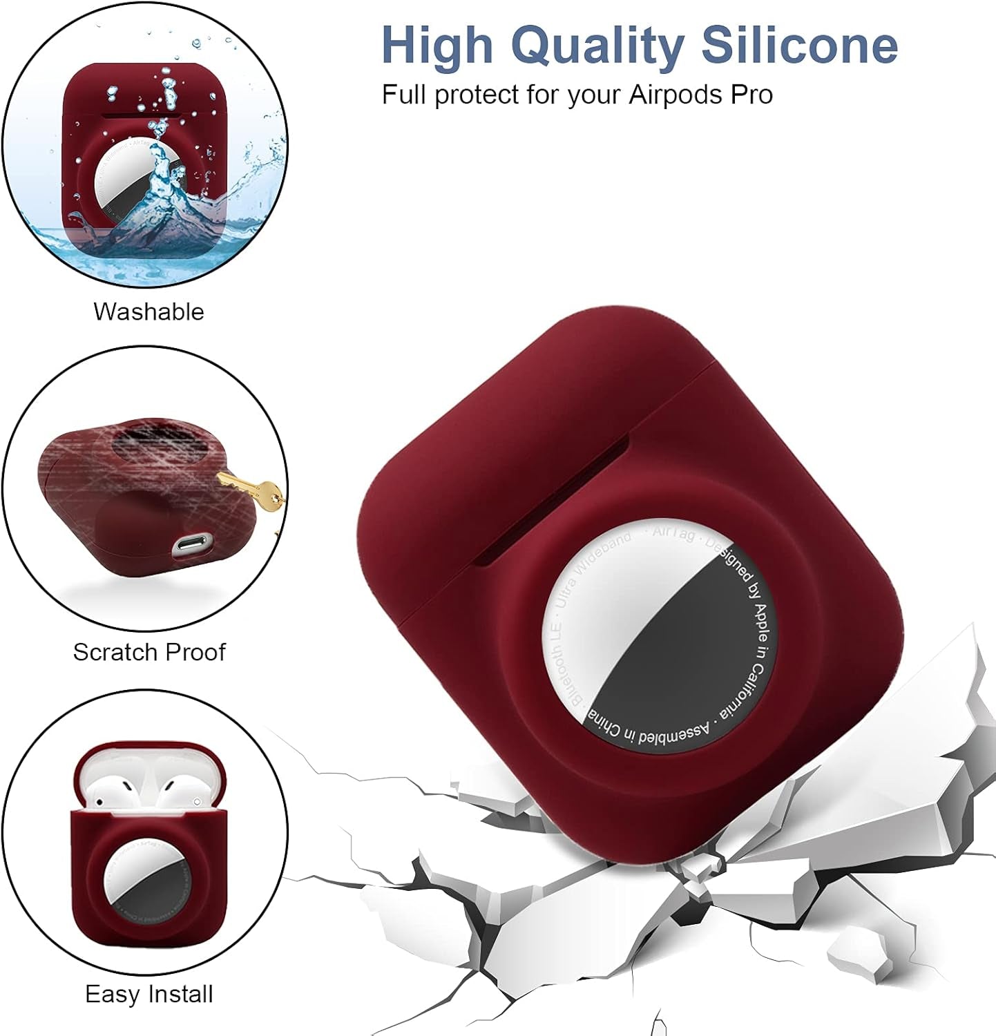 2 in 1 Silicone Protective Skin Cover Compatible with Airpod 1&2 and Airtag, Soft Comprehensive Protective Case with 2 PCS TPU Screen Protector, Anti-Scratch Anti-Fall Anti-Lost(Winered)