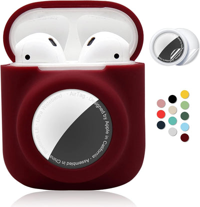 2 in 1 Silicone Protective Skin Cover Compatible with Airpod 1&2 and Airtag, Soft Comprehensive Protective Case with 2 PCS TPU Screen Protector, Anti-Scratch Anti-Fall Anti-Lost(Winered)